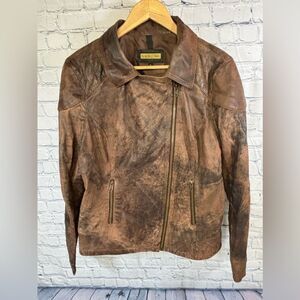 Black Rivet Classic Cognac Black Distressed Leather Streetwear Moto Jacket XL